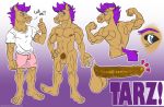  2017 5_fingers abs animal_genitalia animal_penis anthro backsack balls barefoot biceps blue_eyes clothed clothing english_text equine equine_penis erection flexing hair horn horse male mammal medial_ring model_sheet muscular muscular_male navel nipples nude pecs penis perineum purple_hair shirt shorts smile solo t-shirt tarzimon tbonedraws text 