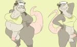  2018 anthro balls big_breasts black_hair black_nose bottomless breasts clothed clothing dickgirl digital_media_(artwork) erection eyewear glasses grey_eyes hair hat humanoid_penis intersex low_res mammal marsupial obese opossum overweight penis sharp_teeth simple_background slightly_chubby smile standing teeth thick_thighs tongue trish_(4chan) voluptuous wide_hips 