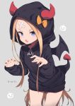  :o abigail_williams_(fate/grand_order) bandaid_on_forehead bangs black_hoodie blonde_hair blue_eyes blush bow claw_pose commentary crossed_bandaids demon_hood demon_horns demon_tail demon_wings fake_horns fake_tail fake_wings fang fate/grand_order fate_(series) gamuo halloween highres hood hood_up hoodie horns jack-o'-lantern long_hair long_sleeves looking_at_viewer orange_bow parted_bangs simple_background sleeves_past_wrists solo tail v-shaped_eyebrows very_long_hair wings zipper_pull_tab 