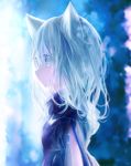  animal_ears aqua_hair bangs blue_eyes blurry blurry_background cat_ears commentary_request expressionless from_side koneko_mari medium_hair original profile silver_hair solo upper_body 