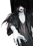  1boy absurdres black_hair black_nails blood blood_on_face commentary_request cowboy_shot hair_over_eyes highres homicipher long_hair male_focus mr._crawling solo yonq98 