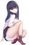  absurdres ass bangs black_hair black_skirt blue_eyes blush bow bowtie cardigan commentary_request eyebrows_visible_through_hair highres long_hair long_sleeves looking_at_viewer microskirt open_mouth panties pleated_skirt red_legwear school_uniform shirt simple_background sitting skirt smile socks solo ssss.gridman sunhyun takarada_rikka thighs underwear white_background white_cardigan white_panties white_shirt 