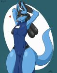  &lt;3 anthro blush bow bulge clothed clothing crossdressing dress evening_gown eyewear girly glasses hi_res jeffthehusky lucario male nintendo pok&eacute;mon pok&eacute;mon_(species) pok&eacute;morph raised_arm solo_focus standing teasing text thick_thighs tongue tongue_out video_games 