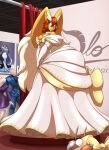 anthro armadillo big_ears breasts brown_body brown_fur brown_hair cleavage clothed clothing dress dressing_room female fur generation_4_pokemon green_eyes hair hi_res long_hair looking_at_butt lopunny mammal medium_breasts medium_hair nintendo pokemon pokemon_(species) ribbons solo standing toughset white_clothing white_dress white_hair xenarthran