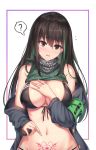  ? adapted_costume armband bangs bare_shoulders bikini black_bikini black_eyes black_hair blush border breasts cenangam clothes_lift commentary_request cowboy_shot d: eyebrows_visible_through_hair flying_sweatdrops girls_frontline green_hair green_sweater groin hair_between_eyes hand_on_own_chest headphones jacket long_hair looking_at_viewer m4a1_(girls_frontline) multicolored_hair navel open_mouth outside_border pointing pubic_tattoo ribbed_sweater scarf sidelocks simple_background skull_print solo spoken_question_mark stomach streaked_hair sweater sweater_lift sweater_vest swimsuit tattoo white_background 