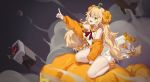  alternate_costume ankle_scrunchie baggy_clothes bangs bare_shoulders barefoot between_legs blonde_hair blush breasts cardigan commentary cup dinergate_(girls_frontline) dress eyebrows_visible_through_hair food_themed_hair_ornament girls_frontline green_eyes hair_between_eyes hair_ornament hairband hairclip halloween hand_between_legs highres kneeling long_hair looking_up messy_hair mug neckerchief off_shoulder open_cardigan open_clothes open_mouth orange_cardigan orange_sailor_collar pointing pumpkin pumpkin_hair_ornament pumpkin_soup red_neckwear s.a.t.8_(girls_frontline) sailor_collar sailor_dress scrunchie sidelocks silk smile smile_(mm-l) smoke solo spider_web very_long_hair white_dress 