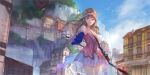  :d animal artist_name atelier_(series) atelier_totori bag bangs bare_shoulders bird blue_sky brown_hair building cliff cloud cowboy_shot day dress floating_hair frills hand_up hat highres holding holding_staff long_hair long_sleeves looking_to_the_side off_shoulder open_mouth outdoors purple_dress purple_eyes shoulder_bag sidelocks sky smile solo spaghetti_strap staff stairs standing swd3e2 thighs totooria_helmold town tree wide_sleeves 