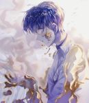  androgynous blue_hair commentary_request crack crystal_hair gold golden_arms highres houseki_no_kuni necktie phosphophyllite phosphophyllite_(ll) profile see-through short_hair solo spoilers upper_body white_eyes wide-eyed 
