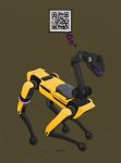  &lt;3 2018 ambiguous_gender ass_up boston_dynamics brown_background clothing ecmajor edit feral futuristic garter googly_eyes hi_res machine open_mouth qr_code robot simple_background solo spotmini standing text 