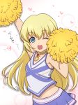  ;d bangs blonde_hair blue_eyes breasts cheerleader collet_brunel eyebrows_visible_through_hair heart holding jewelry kiikii_(kitsukedokoro) long_hair looking_at_viewer miniskirt neck_ring one_eye_closed open_mouth pleated_skirt pom_poms skirt small_breasts smile solo tales_of_(series) tales_of_symphonia 