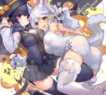  :3 :d akizone animal_ears armlet ass au_ra black_hair black_hat black_legwear black_skirt breasts cleavage dress eyebrows_visible_through_hair final_fantasy final_fantasy_xiv gloves hair_between_eyes hair_ribbon halloween halloween_costume hand_in_another's_hair happy_halloween hat highres large_breasts medium_breasts miniskirt multiple_girls nail_polish open_mouth paw_gloves paws pleated_skirt pumpkin red_hair ribbon short_dress short_hair silver_hair skirt sleeveless sleeveless_dress smile tail thighhighs werewolf white_dress white_gloves white_legwear white_nails white_ribbon witch_hat wolf_ears wolf_tail yellow_eyes zettai_ryouiki 