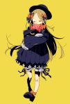  abigail_williams_(fate/grand_order) ankle_bow ankle_ribbon bangs black_bow black_dress black_footwear black_hat black_ribbon blonde_hair bloomers bow closed_eyes commentary_request dress fate/grand_order fate_(series) forehead hair_bow hat highres holding holding_stuffed_animal imigimuru legs loafers long_hair long_sleeves object_hug orange_bow parted_bangs polka_dot polka_dot_bow ribbed_dress ribbon shoes simple_background sleeves_past_fingers sleeves_past_wrists solo stuffed_animal stuffed_toy teddy_bear underwear yellow_background 