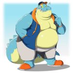  belly blush clothed clothing crocodile crocodilian crocs hat makara male one_eye_closed open_shirt overweight overweight_male pokelai reptile scalie shorts slightly_chubby tokyo_afterschool_summoners wink 