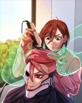  2girls absurdres acrobatic_silky_(dandadan) alternate_form alternate_hairstyle asymmetrical_mask ayase_momo barber_cape brown_hair choso_giving_toudou_a_haircut_(meme) cutting_hair dandadan electric_razor eyeliner fade_(haircut) flattop half_mask highres holding makeup mask meme mouth_mask multiple_girls official_alternate_hair_color open_mouth real_sixer121 red_eyeliner shiratori_aira_(dandadan) short_hair smile 