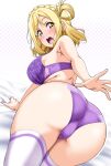  1girl armpits ass ass_focus bare_shoulders bed_sheet bent_over blonde_hair blush bra braid breasts crown_braid hair_rings highres lace lace_bra lace_panties large_breasts looking_at_viewer looking_back love_live! love_live!_sunshine!! ohara_mari on_bed panties polka_dot polka_dot_background purple_bra purple_panties single_hair_ring solo thick_thighs thighhighs thighs underwear underwear_only white_thighhighs yellow_eyes yopparai_oni 