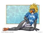  avian beak bird blonde_hair bottomless clothed clothing english_text female hair looking_at_viewer penguin pussy shirt simple_background style_wager text wet_shirt 