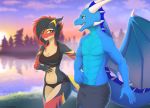  2018 5_fingers amber_eyes anthro breasts clothed clothing detailed_background digital_media_(artwork) dragon duo female horn kyotokisha15 male membranous_wings midriff navel non-mammal_breasts open_mouth scalie smile standing swimsuit teeth tongue western_dragon wings 