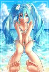  bare_arms bare_legs bare_shoulders barefoot beach between_legs bikini blue_eyes blue_hair blue_sky blush breasts character_name cloud cloudy_sky day english eyebrows_visible_through_hair eyelashes feet fingernails floating floral_print flower flower_on_liquid full_body hair_flower hair_ornament hand_between_legs happy hatsune_miku long_hair looking_at_viewer navel ocean outdoors partially_submerged plumeria sakikko sand see-through sitting sitting_on_water sky smile soles solo sparkle summer swimsuit toes twintails very_long_hair vocaloid water_drop wet wet_hair white_flower 