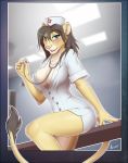  &lt;3 2018 5_fingers anthro aoree biped black_tail blue_eyes breasts brown_hair cleavage clothed clothing detailed_background digital_media_(artwork) eyebrows eyelashes feline female fur grey_hair hair hat lion long_tail looking_at_viewer mammal nurse nurse_hat pink_nose sitting skimpy smile solo standing stethoscope tail_tuft tan_fur tan_tail tuft two_tone_tail yellow_fur 