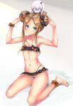  abigail_williams_(fate/grand_order) ankle_garter bags_under_eyes bandaid_on_forehead bangs bare_shoulders barefoot bikini black_bikini black_bow blonde_hair blue_eyes blush bow breasts chibi collarbone commentary_request crossed_bandaids double_bun emerald_float fate/grand_order fate_(series) forehead frilled_bikini frills gradient gradient_background hair_bow hands_up highres horn kagutsuchi_(l'archange) lavinia_whateley_(fate/grand_order) legs long_hair looking_at_viewer multiple_girls navel orange_bow pale_skin parted_bangs polka_dot polka_dot_bow scrunchie sitting small_breasts stuffed_animal stuffed_toy swimsuit teddy_bear thighs wariza white_hair wide-eyed wrist_scrunchie 