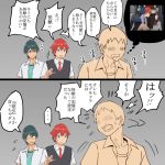  1girl 3boys bangs black_pants blue_eyes blue_eyesglasses collared_shirt green_hair green_shirt hibiki_yuuta multiple_boys necktie open_clothes open_shirt pants red_hair red_neckwear school_uniform shirt short_hair short_sleeves ssss.gridman takarada_rikka thought utsumi_shou waistcoat white_shirt wing_collar 