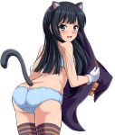  animal_ears asashio_(kantai_collection) ass back black_hair blue_bra blue_eyes blue_panties blush bra cat_ears cat_tail embarrassed gloves halloween halloween_costume hat highres kantai_collection long_hair looking_at_viewer open_mouth panties simple_background solo striped striped_legwear sweatdrop tail tears thighhighs training_bra underwear underwear_only white_background white_gloves witch_hat zanntetu 