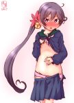  akebono_(kantai_collection) bandaid blue_skirt blush bow bow_panties commentary_request eyebrows_visible_through_hair flower hair_between_eyes hair_bobbles hair_ornament hand_on_own_stomach highres kanon_(kurogane_knights) kantai_collection lifted_by_self long_sleeves navel open_mouth panties pink_bow pink_panties pleated_skirt purple_eyes purple_hair school_uniform serafuku shirt_lift skirt solo sweater twitter_username underwear 