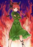  :3 absurdres animal_ears black_bow black_neckwear bow bowtie braid cat_ears closed_mouth crossed_arms dress fire green_dress hair_bow highres juliet_sleeves kaenbyou_rin long_hair long_sleeves looking_at_viewer nob1109 puffy_sleeves red_eyes red_hair solo touhou twin_braids 