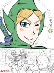  ;) backpack bag blonde_hair blue_eyes closed_mouth comic face fleeing flying_sweatdrops highres hood hood_up link master_sword megu_(breath_of_the_wild) natu_(breath_of_the_wild) one_eye_closed outdoors pants partially_translated pointy_ears running shirt smile surprised suzusiigasuki sweat sword the_legend_of_zelda the_legend_of_zelda:_breath_of_the_wild tingle translation_request weapon weapon_on_back 