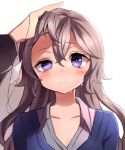  blush brown_hair collarbone commentary eyepatch eyepatch_removed hair_between_eyes hand_on_another's_head long_hair long_sleeves looking_at_viewer medical_eyepatch neit_ni_sei nochise_karin original purple_eyes shadow smile sweater tears upper_body white_background 