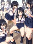  6+girls ass_peek black_hair blush breasts classroom cleavage closed_eyes collarbone desk diagonal-striped_clothes diagonal-striped_necktie dripping dripping_sweat fanning_self glasses hair_between_eyes highres kneehighs large_breasts long_hair looking_at_viewer loose_necktie maruput medium_hair multiple_girls necktie on_chair open_mouth original plaid_clothes plaid_skirt pleated_skirt school_desk school_uniform see-through_clothes sitting skirt smile socks steaming_body striped_clothes striped_necktie sweat thighs undone_necktie very_sweaty wet wet_clothes wiping_sweat 