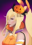  1girl animal_ears black_thighhighs blonde_hair blush bow breasts bunny_ears candy cygames dragalia_lost elbow_gloves elisanne fake_bunny_ears food garter_straps gloves halloween jack-o&#039;-lantern leotard lollipop long_hair looking_at_viewer lying medium_breasts nintendo orange_leotard ponytail pumpkin purple_eyes solo tagme thighhighs thighs very_long_hair white_elbow_gloves white_gloves 