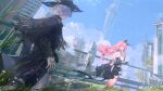 1boy 1girl ayla:_kaleido_(pgr) ayla_(pgr) backless_dress backless_outfit black_bow black_cloak black_coat black_dress black_hairband black_hat blue_sky bow bow_hairband breasts building character_request cityscape cloak coat cowboy_shot dress dutch_angle from_side grass grey_hair grey_pants hairband hand_tattoo hand_up hat highres large_breasts long_sleeves looking_back mechanical_arms mol-- official_art outdoors pants pink_eyes pink_hair punishing:_gray_raven short_dress short_hair simple_bird sky skyscraper standing tattoo weibo_logo weibo_watermark wizard_hat 