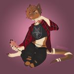  2018 anthro bambii_dog barefoot belt brown_hair claws clothed clothing fangs feet female fishnet hair mammal midriff navel pants pawpads pentagram plaid shirt solo t-shirt toe_claws torn_clothing 