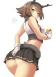  ass bare_arms black_skirt blush breasts brown_hair collar eating fairy_(kantai_collection) flipped_hair food giantess gloves green_eyes headgear holding holding_food kantai_collection looking_back medium_breasts metal_belt metal_collar midriff mutsu_(kantai_collection) pleated_skirt revision short_hair simple_background size_difference skirt solo striped striped_skirt sweet_potato upper_body utopia white_background white_gloves 
