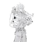  1boy belt blush bomb_(final_fantasy) chocobo cloud_strife fat_chocobo final_fantasy final_fantasy_vii final_fantasy_vii_rebirth final_fantasy_vii_remake ghost greyscale hair_between_eyes hat highres holding holding_stuffed_toy jaysoysaucee male_focus mini_hat monochrome moogle multiple_belts sabotender short_hair single_bare_shoulder sleeveless sleeveless_turtleneck solo spiked_hair stamp_(ff7) stuffed_toy sweatdrop turtleneck white_background 