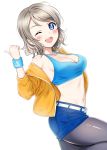 ;d bare_shoulders belt blue_eyes blue_shorts blue_topwear blush breasts cleavage crop_top dog_tags eyebrows_visible_through_hair grey_hair hair_between_eyes jacket leg_up legwear_under_shorts looking_at_viewer love_live! love_live!_sunshine!! md5_mismatch medium_breasts one_eye_closed open_clothes open_jacket open_mouth pantyhose rozen5 short_hair short_shorts shorts simple_background smile solo thumbs_up watanabe_you white_background white_belt wristband 