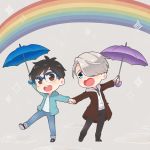  2boys :d black_hair blue-framed_eyewear blue_eyes brown_eyes coat denim glasses hair_over_one_eye hand_holding heart-shaped_mouth hood hoodie jeans katsuki_yuuri male_focus multiple_boys open_mouth pants rainbow ruei_(chicking) silver_hair smile sparkle standing standing_on_one_leg umbrella viktor_nikiforov yuri!!!_on_ice 