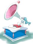  2017 animate_inanimate blue_eyes dlrowdog looking_at_viewer nintendo pok&eacute;mon pok&eacute;mon_(species) primarina record_player simple_background solo video_games white_background 