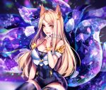  ahri animal_ears blonde_hair breasts choker cleavage commentary fox_ears highres jewelry k/da_(league_of_legends) k/da_ahri league_of_legends long_hair makeup sasucchi95 solo thighhighs whisker_markings yellow_eyes 