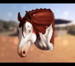 ambiguous_gender blue_eyes blurred_background braided_mane brown_body brown_mane detailed empty_eye_socket equid equine female_(lore) feral horse looking_at_viewer mammal mane mouth_closed scarla_(scarlanya) scarlanya signature solo white_body