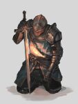  1boy arm_up armor belt belt_buckle black_pants brown_belt buckle chest_belt commentary dark_souls_(series) dark_souls_i eliotbaum english_commentary gauntlets grey_background helmet holding holding_sword holding_weapon kneeling knight knight_of_astora_oscar male_focus multiple_belts pants pauldrons shadow shirt shoulder_armor simple_background solo sword visor_(armor) weapon white_shirt 
