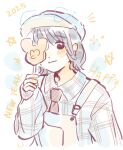  1girl 2025 animification baseball_cap blush brown_necktie closed_mouth collared_shirt commentary covering_one_eye diagonal-striped_clothes diagonal-striped_necktie food happy_new_year hat highres holding holding_food long_sleeves looking_at_viewer necktie overalls photo-referenced plaid_clothes plaid_shirt real_life sakurai_hina shirt sleeves_past_wrists smile solo striped_clothes upper_body voice_actor white_background white_shirt woodonly yellow_hat yellow_overalls 