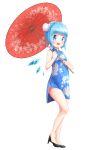  absurdres akisha alternate_costume bangs bare_arms bare_legs black_footwear blue_dress blue_eyes blue_hair blue_wings blunt_bangs bun_cover china_dress chinese_clothes cirno double_bun dress eyebrows_visible_through_hair floral_print full_body hands_up high_heels highres holding holding_umbrella ice ice_wings looking_at_viewer open_mouth oriental_umbrella shoes short_dress short_hair smile solo standing touhou transparent_background umbrella wings 