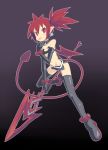  bare_shoulders bat_wings blush commentary_request demon_girl demon_tail disgaea earrings elbow_gloves etna flat_chest full_body gloves holding holding_spear holding_weapon jewelry makai_senki_disgaea microskirt muu_(mumumer) navel pointy_ears polearm red_eyes red_hair simple_background skirt solo spear tail thighhighs tongue tongue_out twintails weapon wings 