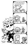  ... 2019 2boys 3: 4koma :3 arrow badge bkub_(style) clone comic commentary desk english_text giorno_giovanna gold_experience greyscale heart_cutout highres jojo_no_kimyou_na_bouken kutaraa monochrome multiple_boys phone poptepipic quill sound_effects spoken_ellipsis stand_(jojo) talking_on_phone traditional_media vento_aureo 