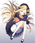  abigail_williams_(fate/grand_order) black_bow black_dress black_footwear black_hat blonde_hair bloomers blue_eyes blush bow closed_mouth dress eyebrows fate/grand_order fate_(series) feet forehead gradient gradient_background hair_bow hat holding holding_stuffed_animal light_smile long_hair long_sleeves looking_at_viewer masuishi_kinoto object_hug orange_bow shoes sleeves_past_fingers sleeves_past_wrists smile solo stuffed_animal stuffed_toy teddy_bear underwear 