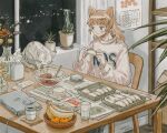  1girl animal animal_ears banana bowl brown_hair cactus calendar_(object) cat coffee computer cooking cup dumpling eokaku_surimi flower food fruit green_eyes highres holding holding_food indoors jiaozi laptop long_hair mug orange_(fruit) original plant potted_plant table tray vase 