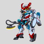  absurdres axe chibi commentary english_commentary full_body glowing glowing_eyes gquuuuuux green_eyes grey_background gundam gundam_gquuuuuux heat_hawk highres holding holding_axe holding_weapon mecha mecha_focus mobile_suit no_humans rence robot science_fiction sd_gundam simple_background solo standing thrusters v-fin weapon 