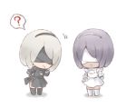  2girls alternate_color black_blindfold black_hair blindfold breasts chibi cleavage cleavage_cutout dark_skin feather-trimmed_sleeves gloves hairband long_sleeves mole multiple_girls nier_(series) nier_automata puffy_sleeves simple_background soulcalibur_vi thighhighs white_background white_blindfold white_hair yorha_no._2_type_b 
